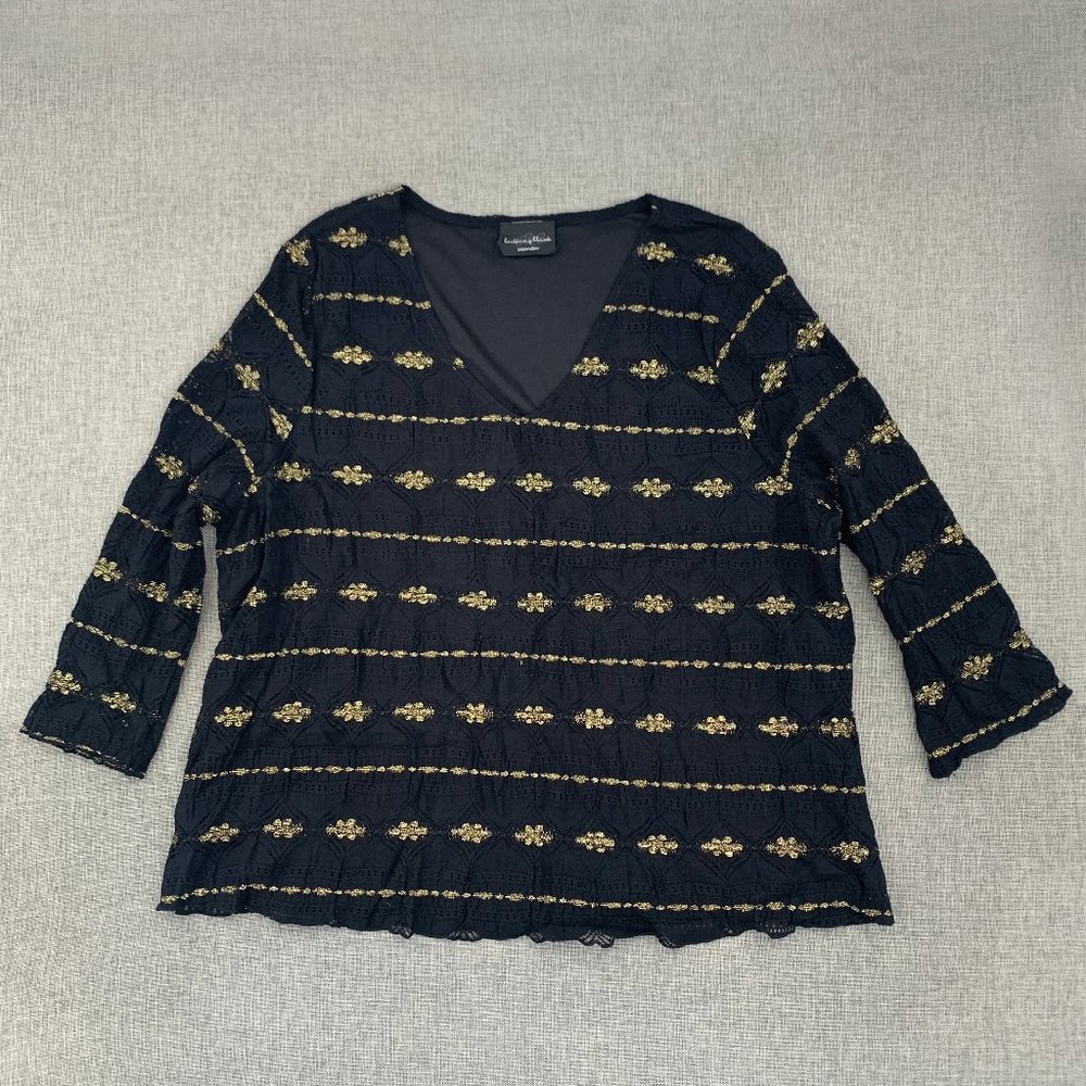 Women's Brittany Black Gold‎ Metallic Top V-Neck 3/4th Sleeve 1X Blouse